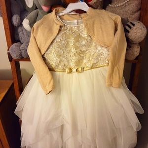 Gold dress and gold cardigan